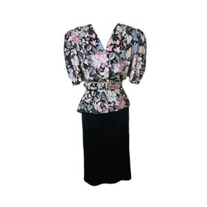 Vtg 1980s Secretary Peplum Dress Day Church Black Floral Garden Puff Sleeves 10